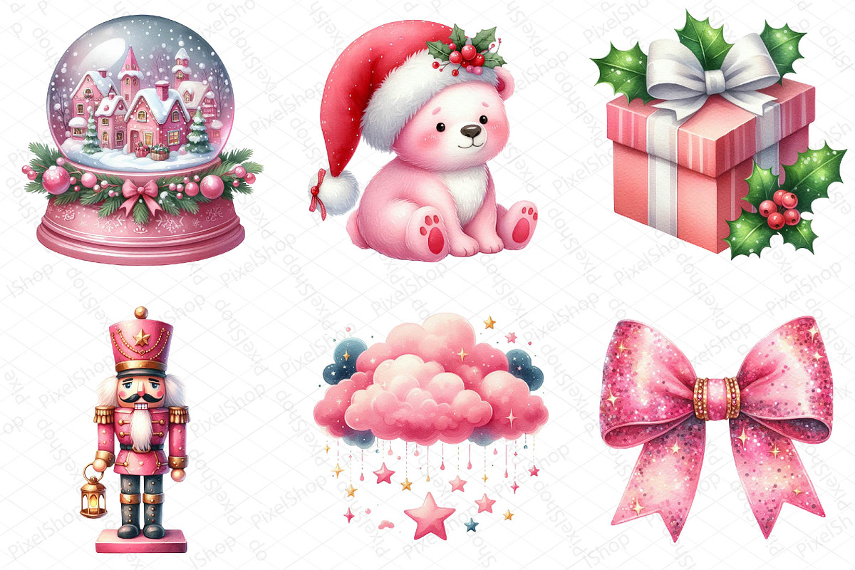 Watercolor Pink Christmas Clipart, an Illustration by DreamPrint404 (Photo 4 of 6)