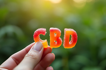 Holding CBD gummy candy spelling CBD