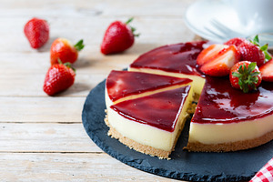 Slice of cheesecake with strawberries on wooden table, a Food & Drink Photo by etorres69