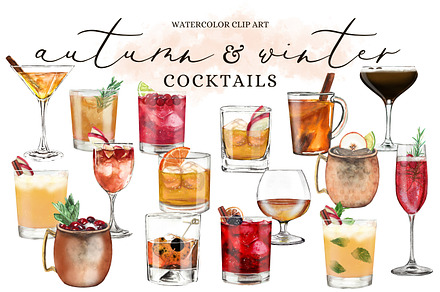 Autumn & Winter Cocktails Clip Art, a Food Illustration by Maria B. Paints