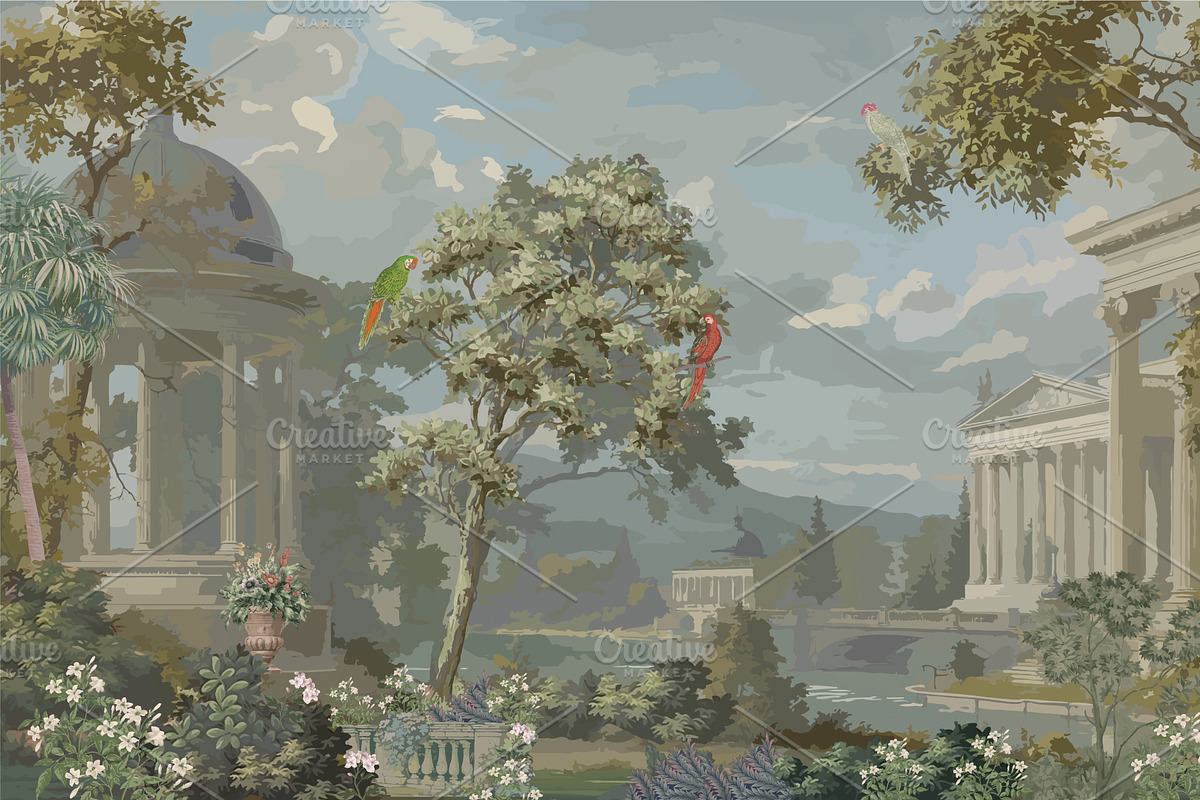 Vintage Roman Garden Mural, a Decorative Illustration by Mughal Wallpaper