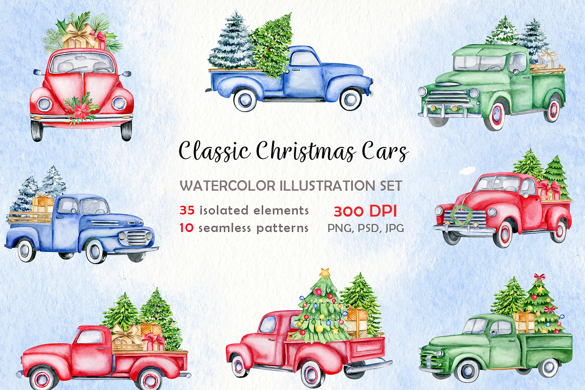 Classic christmas cars set, an Illustration by svetodesign (Photo 1 of 10)
