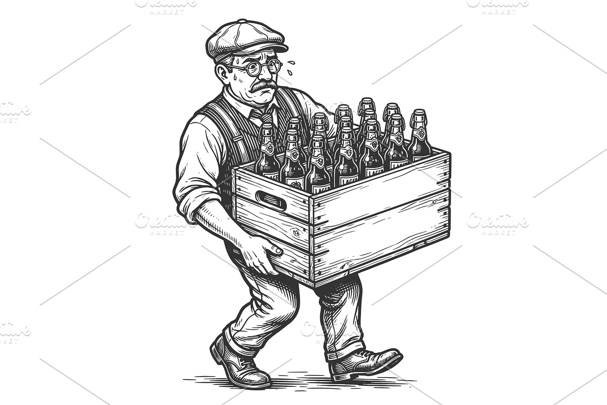 Worried Man Carrying Heavy Beer, a Food Illustration by AlexArt