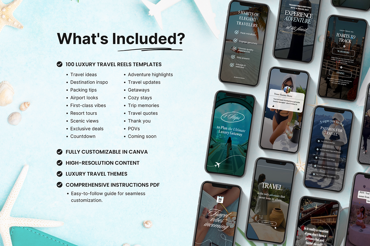 100 Luxury Travel Reels Templates, a Social Media Template by DigiPax (Photo 2 of 10)