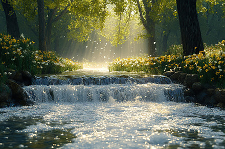 Stream of water flowing down in the forest with sun rays, a Nature Photo by AlyaAnd