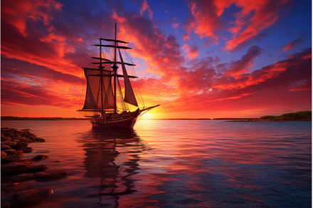 Vibrant Sailboat sea sunset view, a Transportation Photo by Ylivdesign