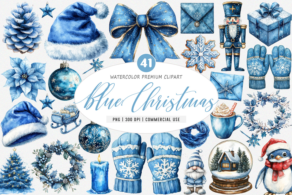 Watercolor Blue Christmas Clipart, an Illustration by SinaCreation (Photo 1 of 5)