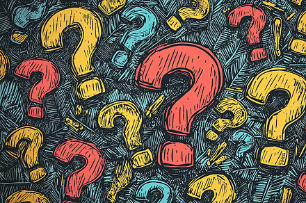 Colorful hand-drawn question marks on textured background