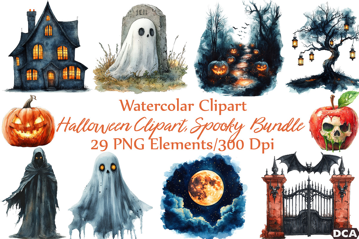 Watercolor Halloween Clipart, Spooky, an Illustration by DreamCafeArt (Photo 1 of 7)