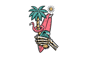 skull hand holding a surfboard