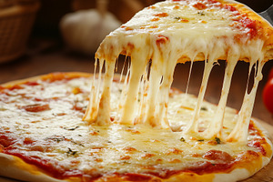 Cheesy pizza slice being lifted with, a Food & Drink Photo by MistyDay