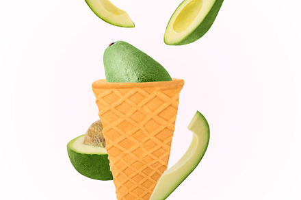 Ice cream cones with ingredients fal featuring avocado, whole, and half, a Food & Drink Photo by Rodica Ciorba