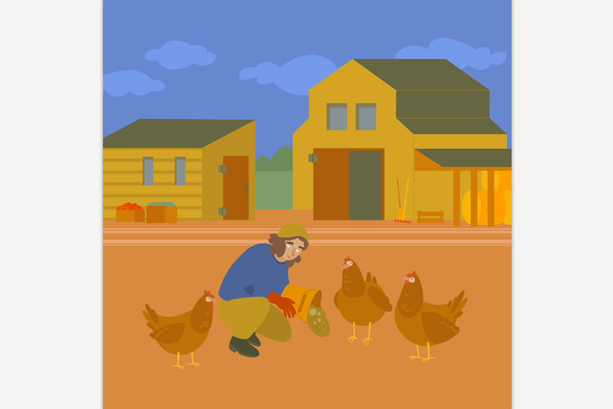 The woman feeding the chicken on the, an Animal Illustration by Anna's Shop