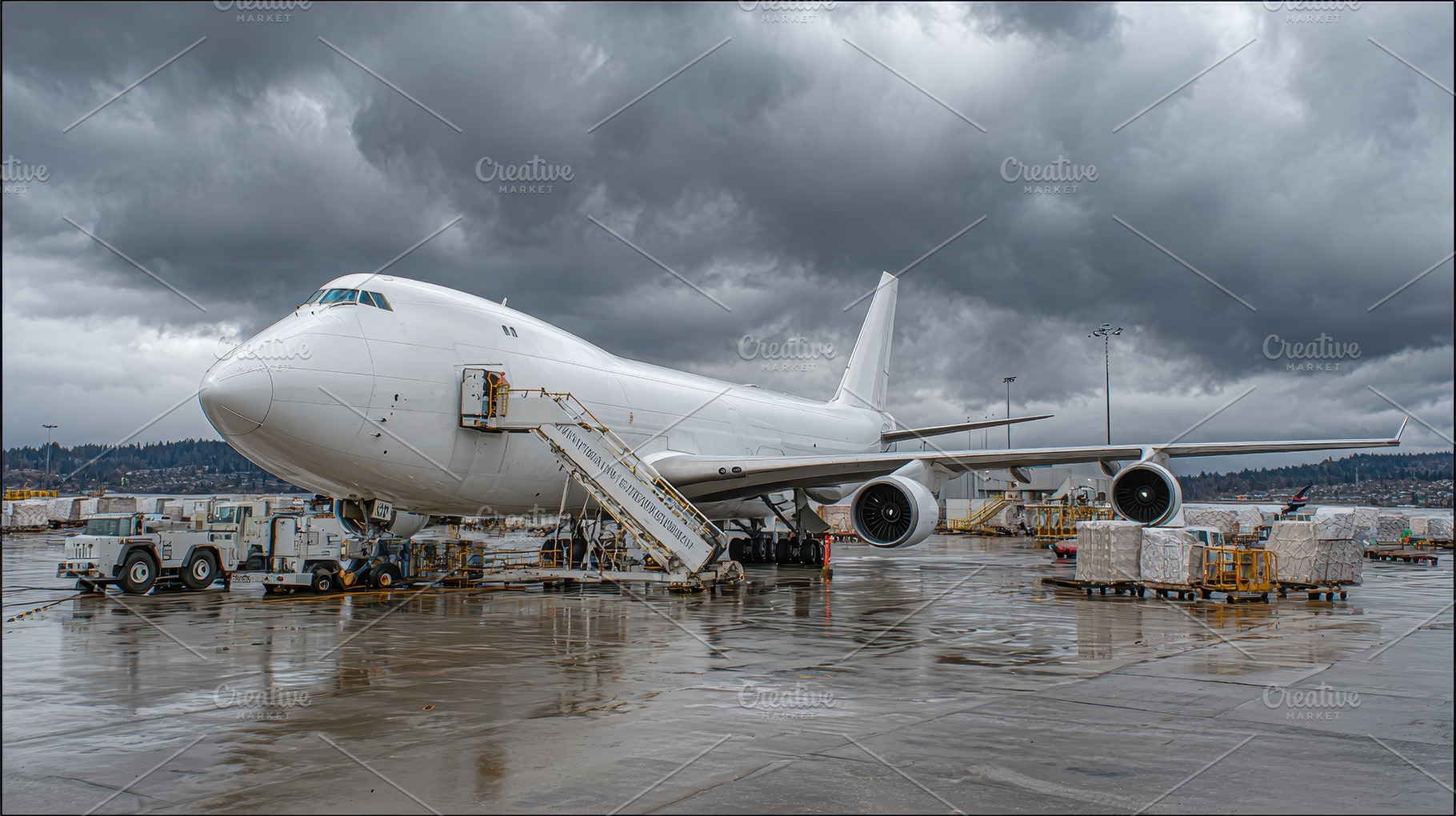 White Cargo Plane Loading Under Stor, a Photo by Pixeness Studio
