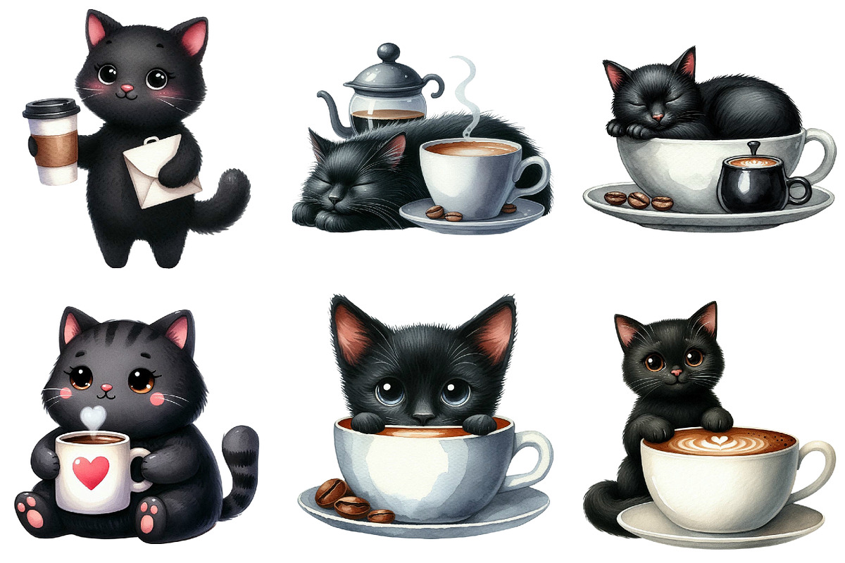 Cat Silhouette Love Coffee Clipart, an Illustration by Libby Wishes (Photo 2 of 12)