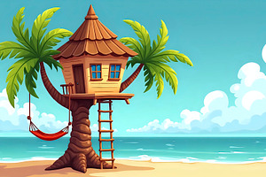 Create a cartoon-style treehouse bui, a Photo by LOGOCREATIVE