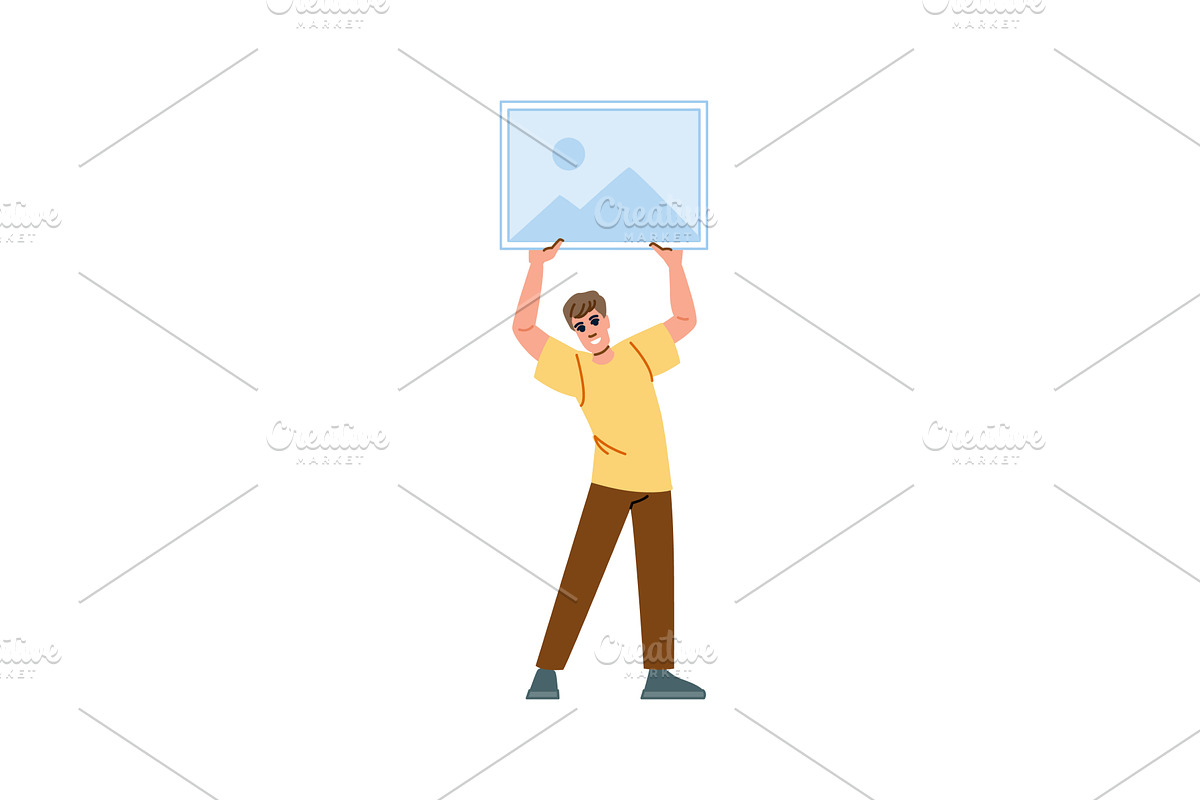 Man holding landscape photo above, a Person Illustration by pikepicture