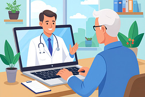 Person using a laptop with a doctor on a video call, a Photo by DanFLCreativo