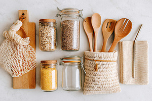 Kitchen utensils and storage containers arranged on a light marble surface, a Photo by AlyaAnd