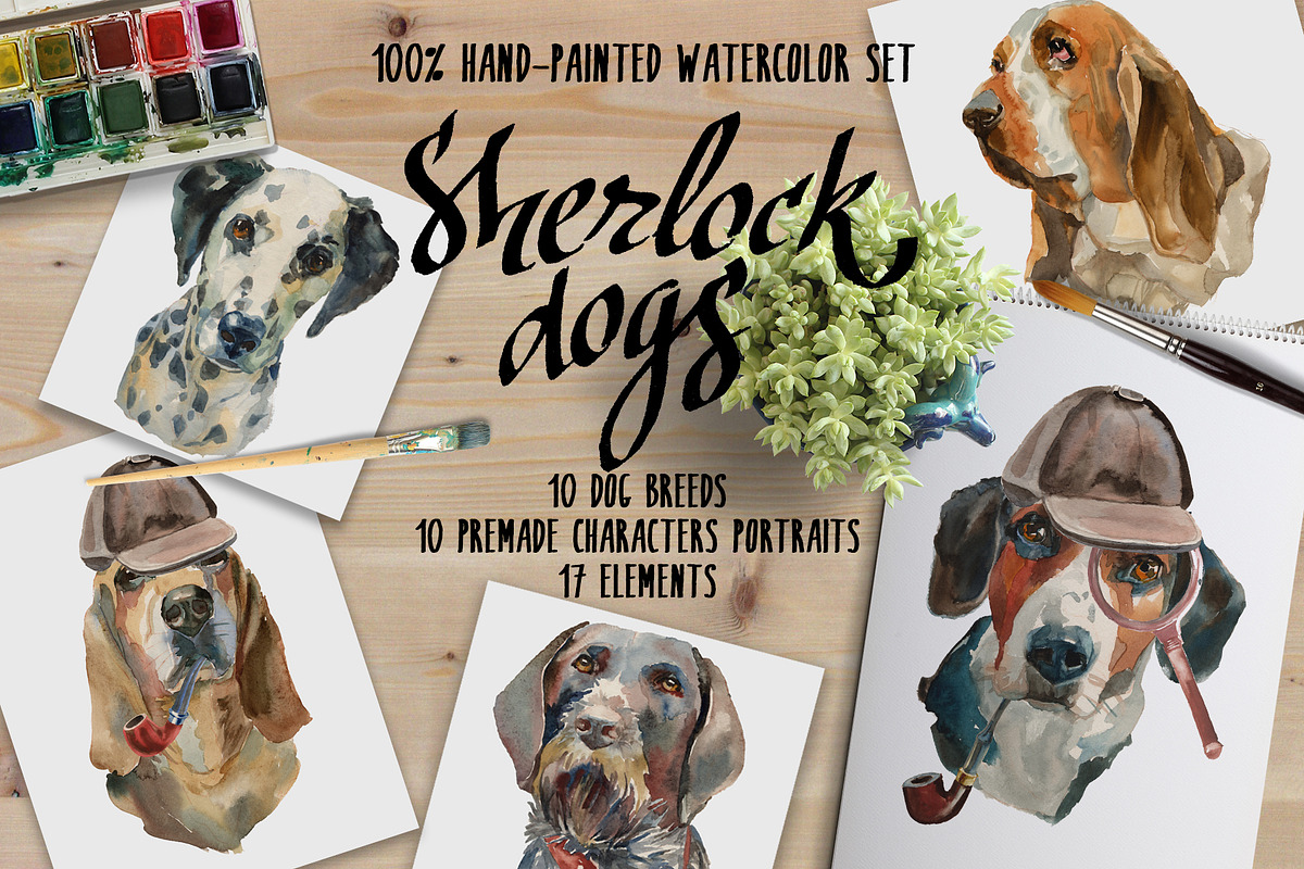 Sherlock dogs Watercolor set, an Animal Illustration by Malena (Photo 1 of 6)