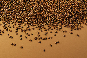 Coffee beans spread on a textured su, a Photo by Tanuart