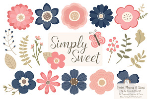 Navy & Blush Flowers Clipart