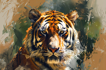 The powerful tiger stares intently w, a Photo by Tanuart