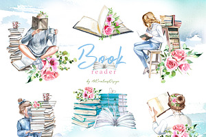 Watercolor Book Reader Clipart Set