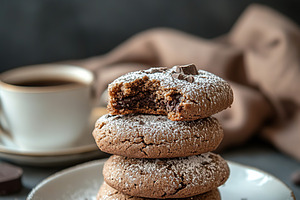 Delicious chocolate cookies stacked on a plate with a cup of coffee nearby in a, a Food & Drink Photo by AlyaAnd