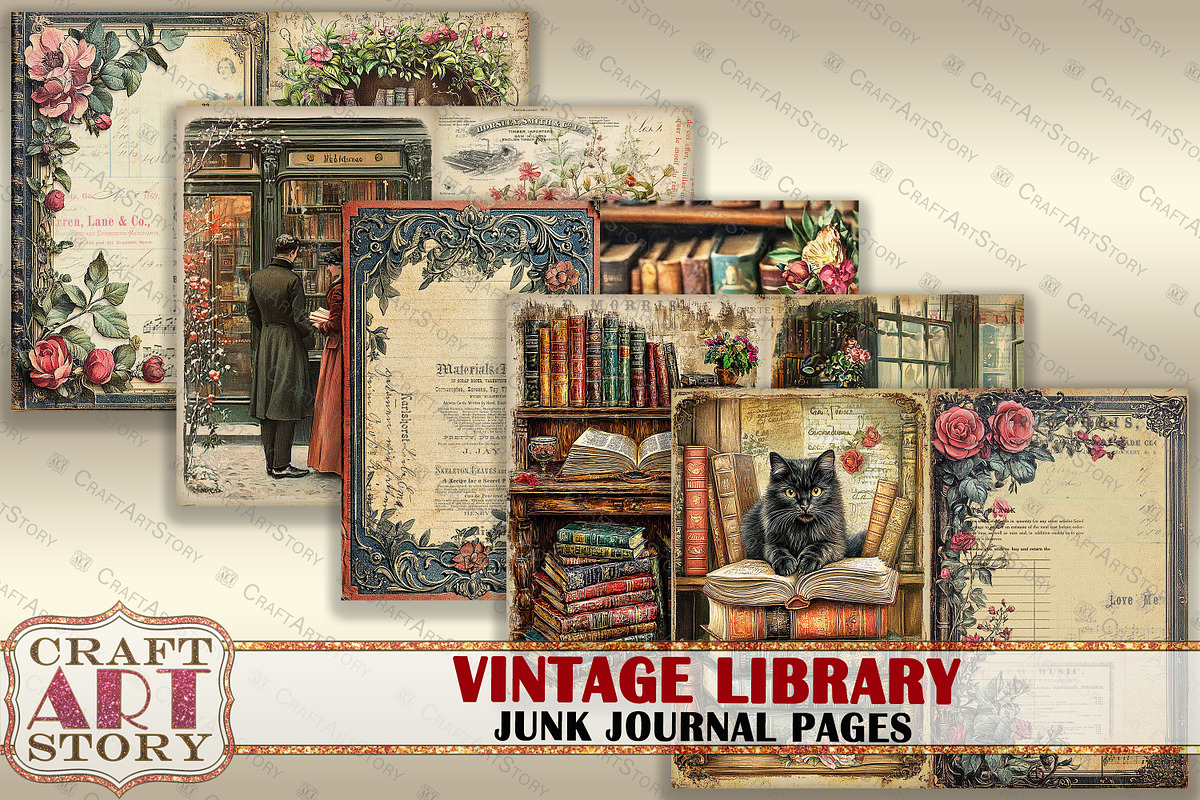 Library Junk Journal Pages, a Decorative Illustration by CraftArtStory (Photo 2 of 7)