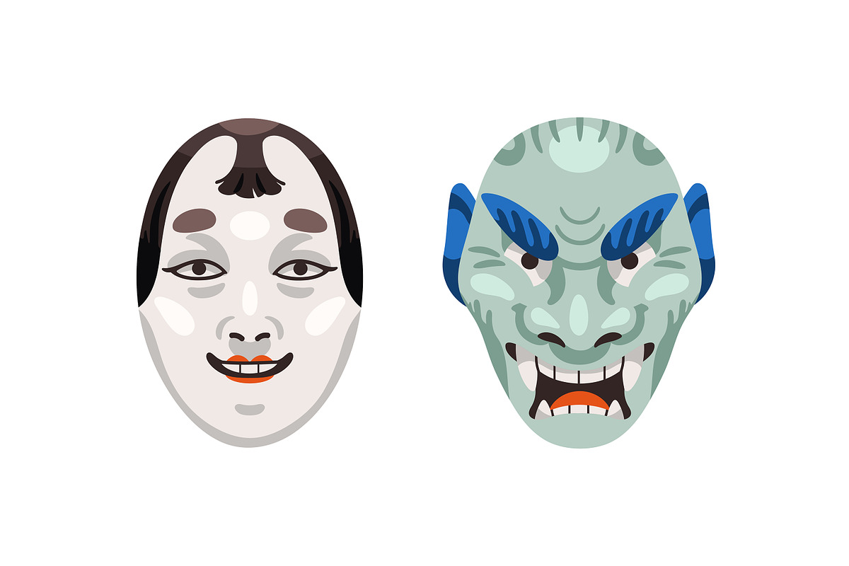 Japanese Kabuki theater masks set, a Decorative Illustration by PaperTrident (Photo 2 of 7)