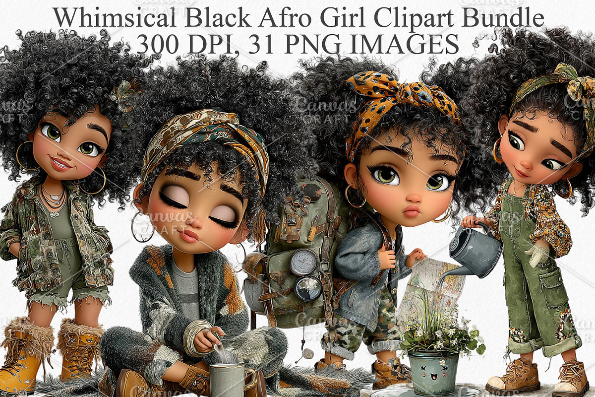 Whimsical Black Afro Girl Clipart, an Illustration by Canvas Craft (Photo 1 of 7)