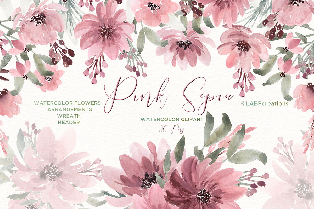 Pink Sepia. Watercolor Flowers, an Illustration by LABFcreations (Photo 3 of 6)
