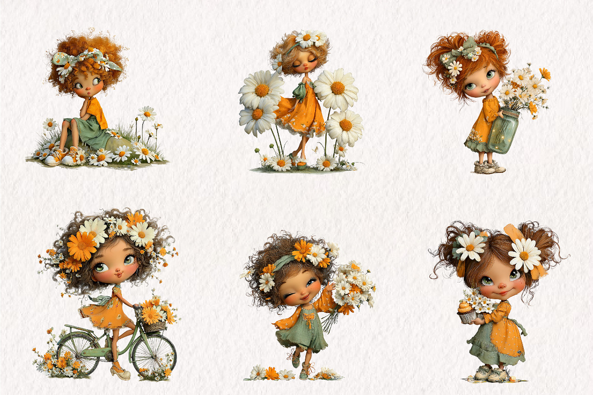 Whimsical Daisy Girls Clipart, a Seasonal Illustration by CreationArt (Photo 2 of 7)