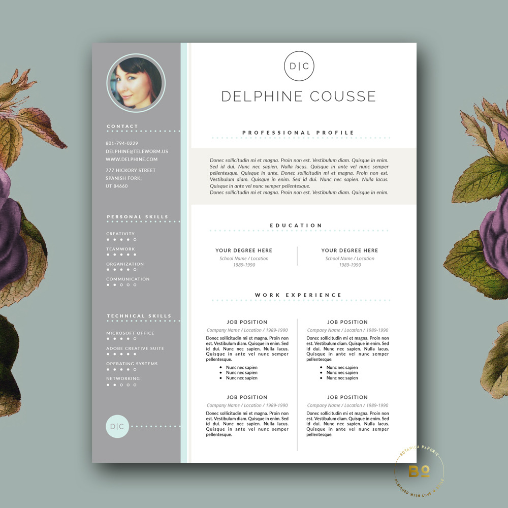 Creative Resume Design for MS Word, a Resume Template by Botanica Paperie