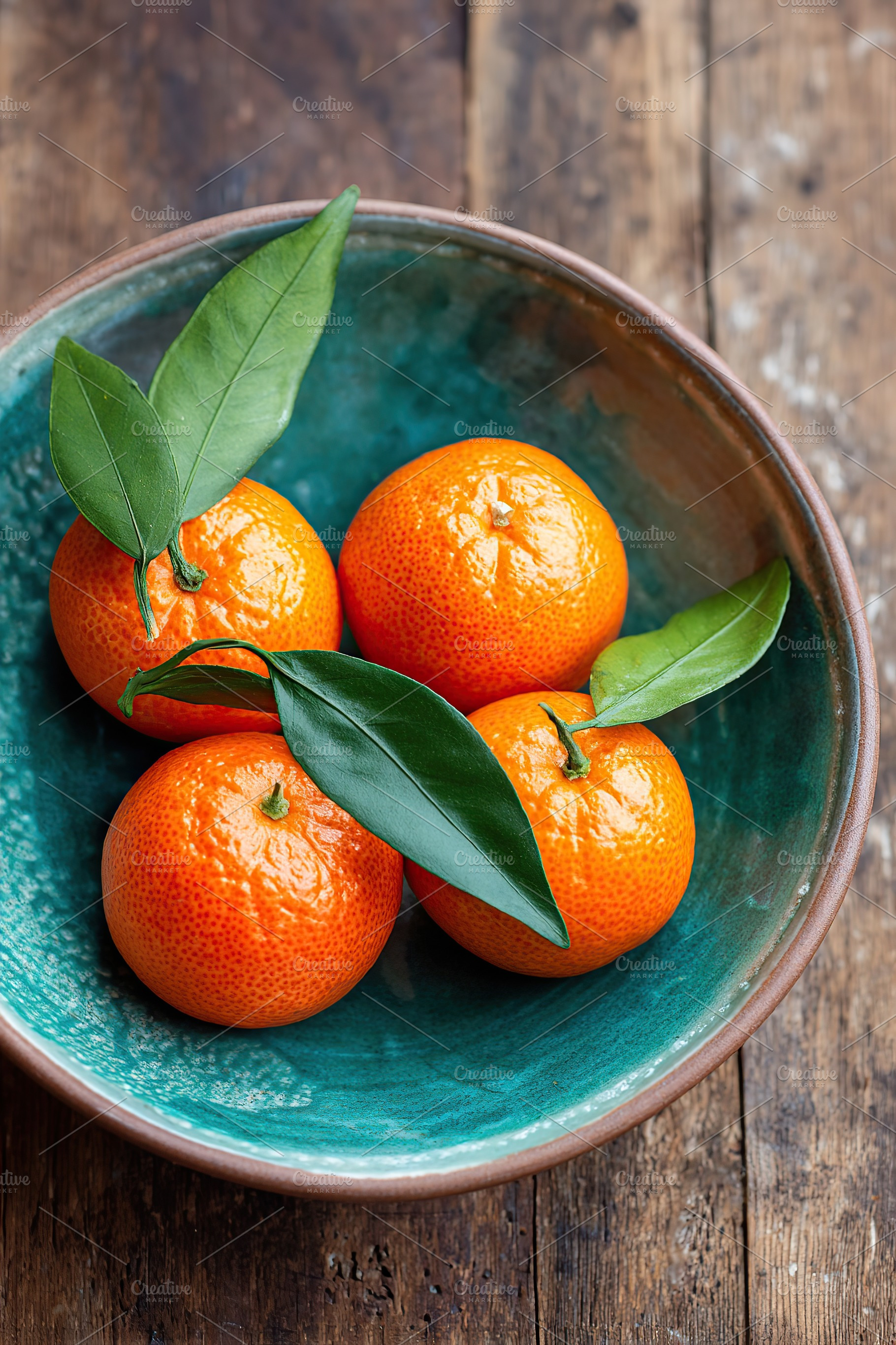 Modern ceramic bowl filled with vibrant oranges and fresh green leaves on woode, a Food & Drink Photo by AlyaAnd