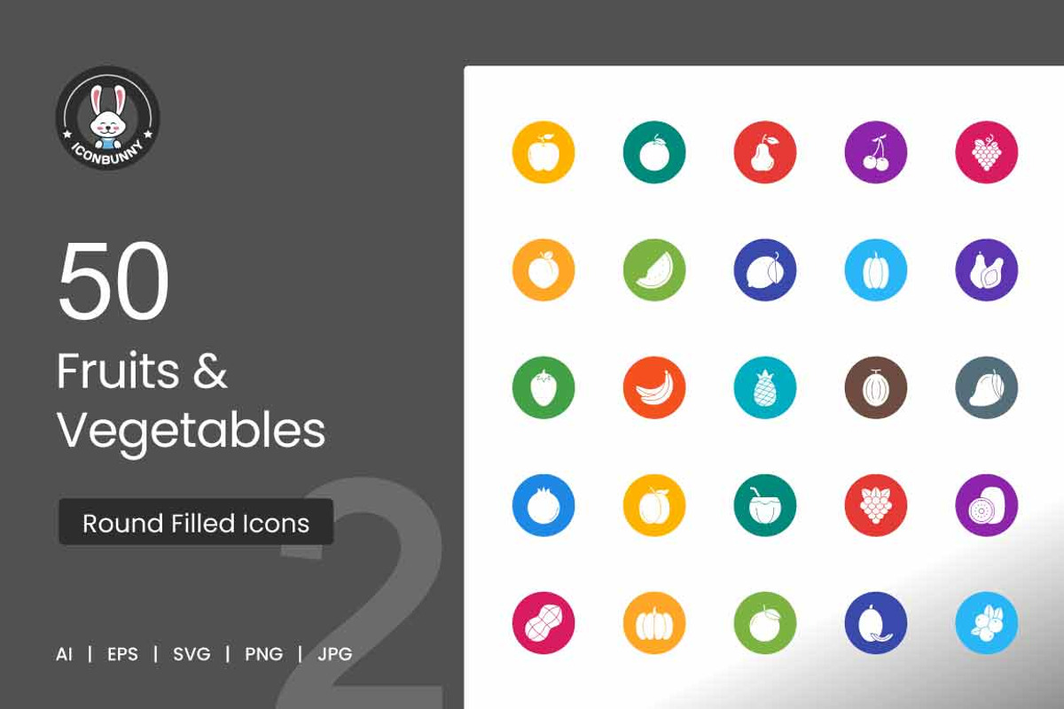 Fruits & Vegetables Flat Round Icons, an Icon by IconBunny (Photo 1 of 2)