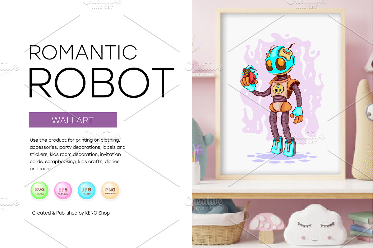 Romantic cartoon robot, Tshirt, PNG., an Animal Illustration by KENO Mascots (Photo 3 of 6)