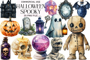 Watercolor Halloween Spooky Clipart, an Illustration by Daily.Designs