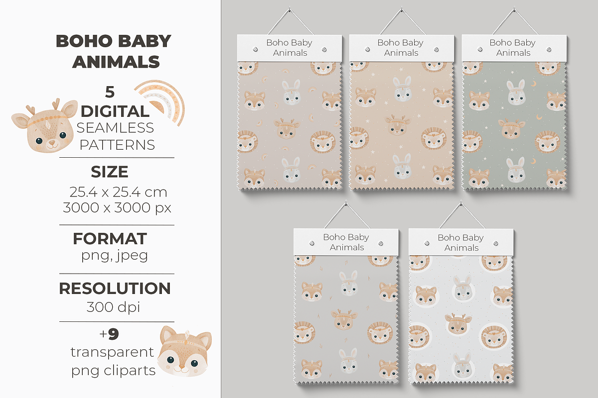 Boho Baby Animals – Clipart+Patterns, a Pattern Graphic by tetiartline (Photo 1 of 7)