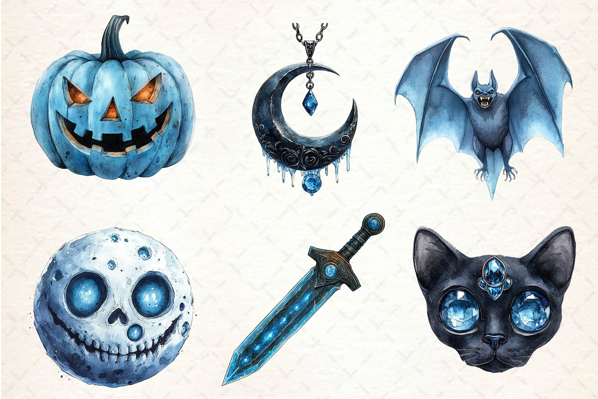 Blue Halloween Watercolor Clipart, an Illustration by Dream Creation (Photo 4 of 7)
