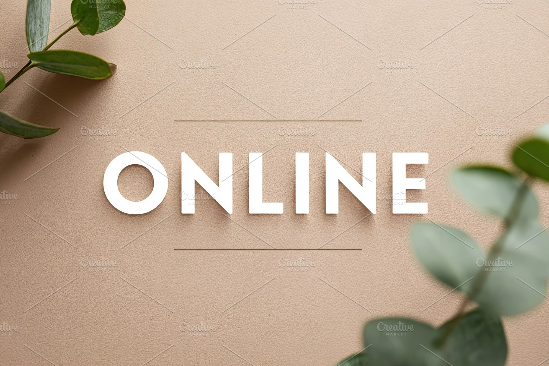 Wall poster displaying the word online surrounded by greenery for a modern deco, a Photo by AlyaAnd