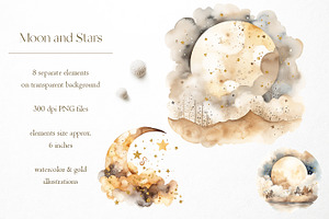 Watercolor Moon & Golden Stars PNG