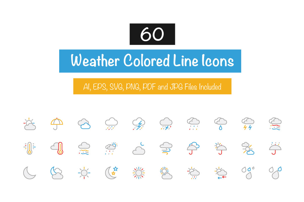 60 Weather Colored Line Icons, an Outline Icon by Creative Stall (Photo 1 of 2)