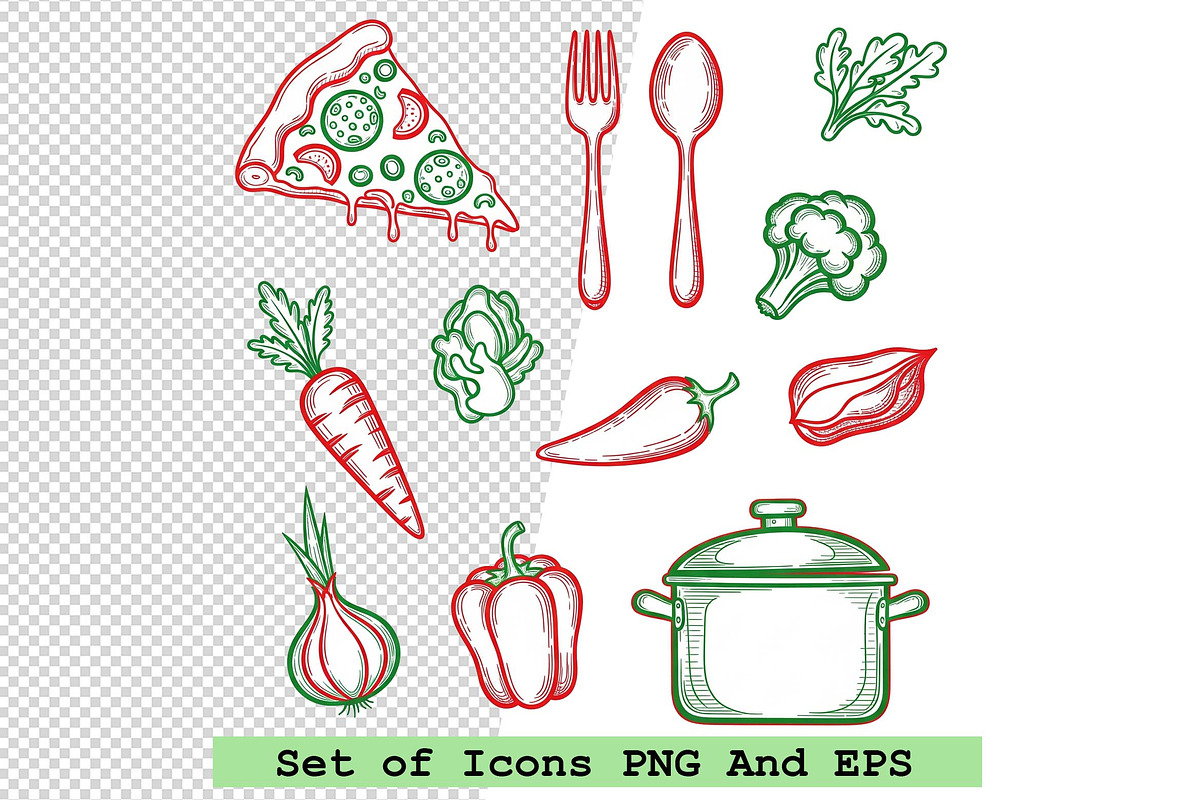 Set of food and kitchen icons vector, an Icon by one-touch