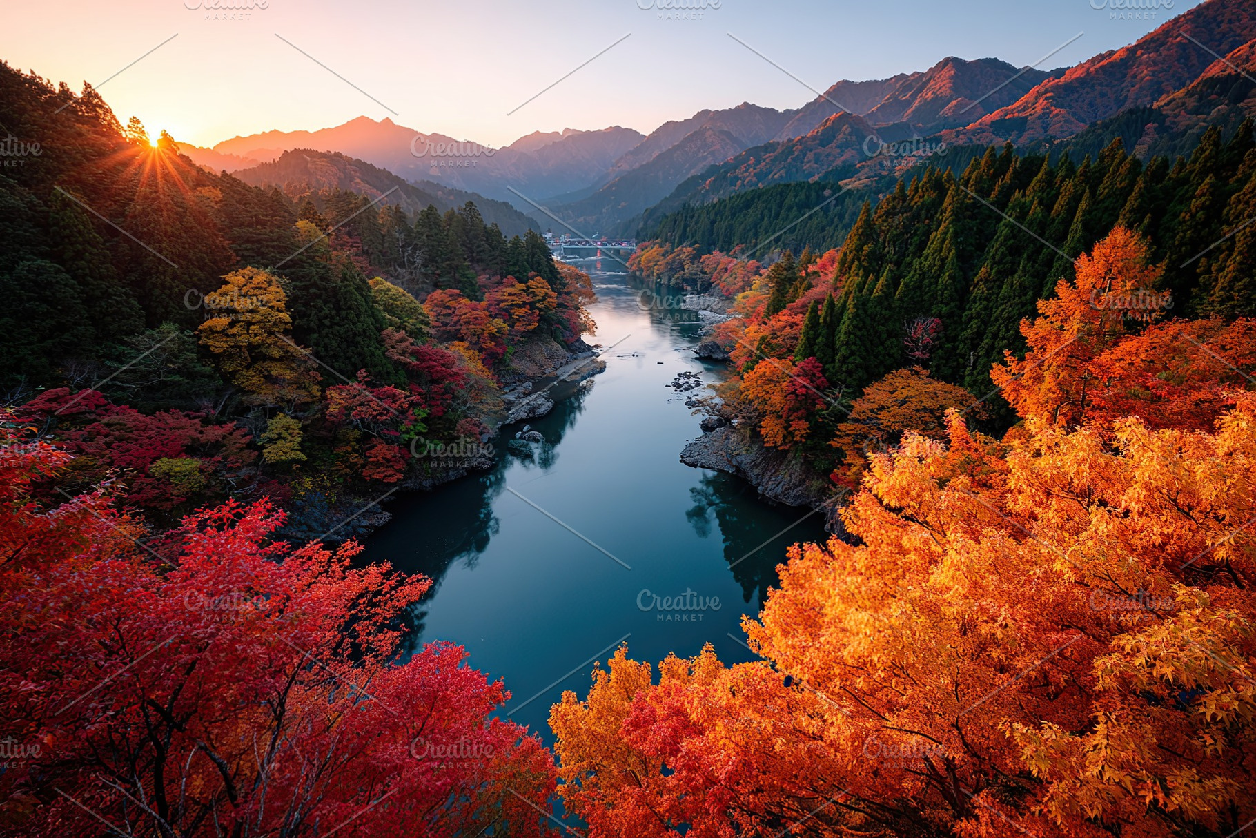 Autumn colors reflect on the serene river surrounded by mountains at sunset, a Photo by AlyaAnd