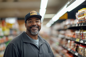 Friendly grocery store worker smiles, a Photo by Iftikhar Alam