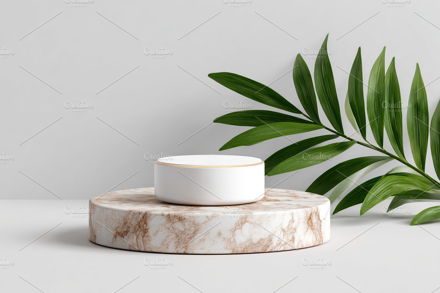Elegant white bowl on marble island with green leaf accent in a modern setting, a Beauty & Fashion Photo by AlyaAnd