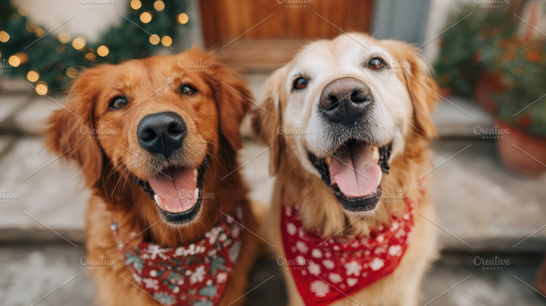 Happy dogs in festive bandanas on a decorated porch, an Animal Photo by AlyaAnd