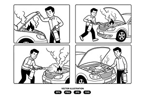 Man extinguishing a fire in his car, a Person Illustration by Vectorlina